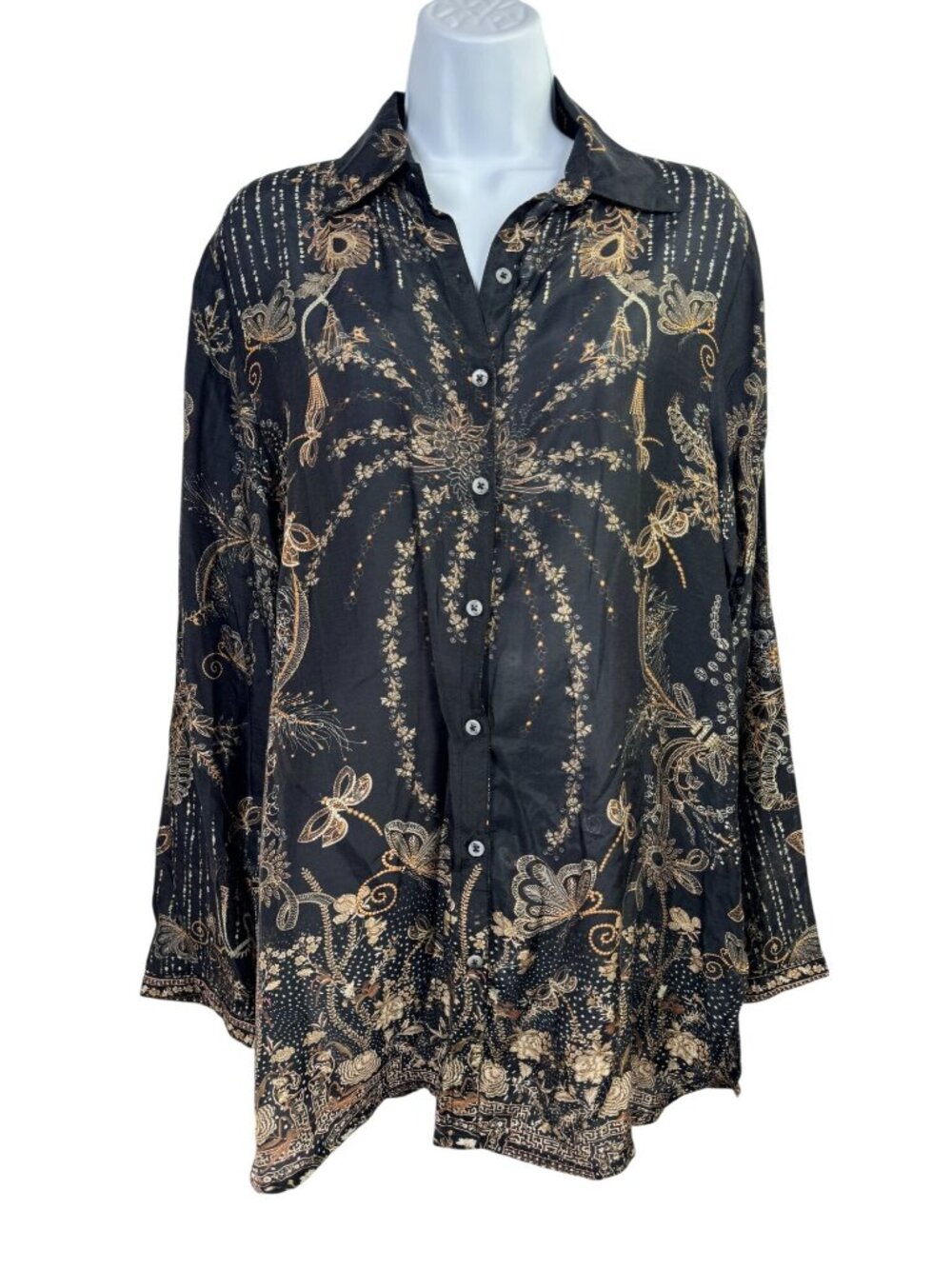 Cienna 100% Silk Viscose Black Floral Button Up Tunic Top Long Sleeve sz Small
